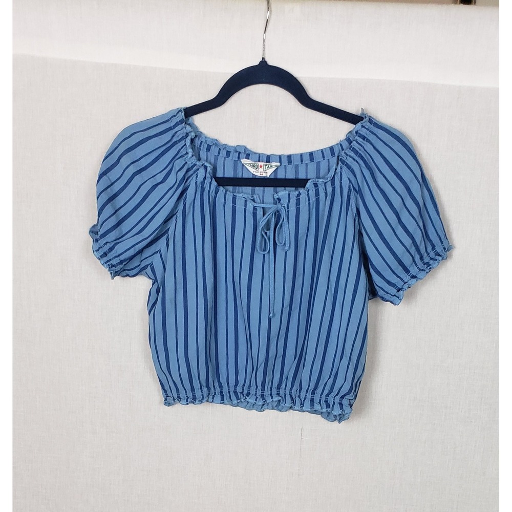 Hard Tail Forever Blue Striped Peasant Top M Cropped Boho Nautical Y2K Coastal